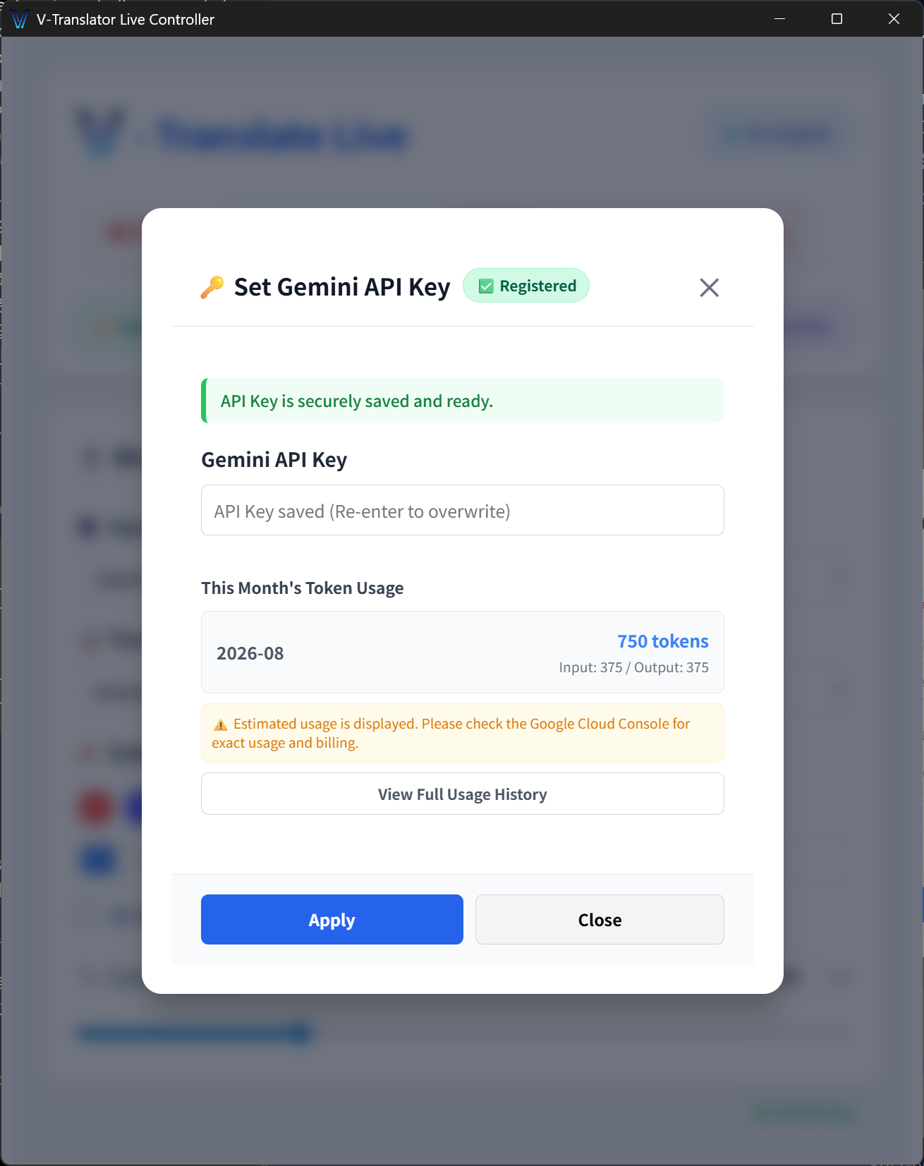 Gemini API Key 등록 팝업 화면과 이번 달 토큰 사용량 표시
